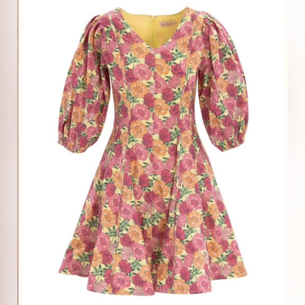 Ivy City Co Pink and Yellow Floral Puff-Sleeve Fit-and-Flare Dress